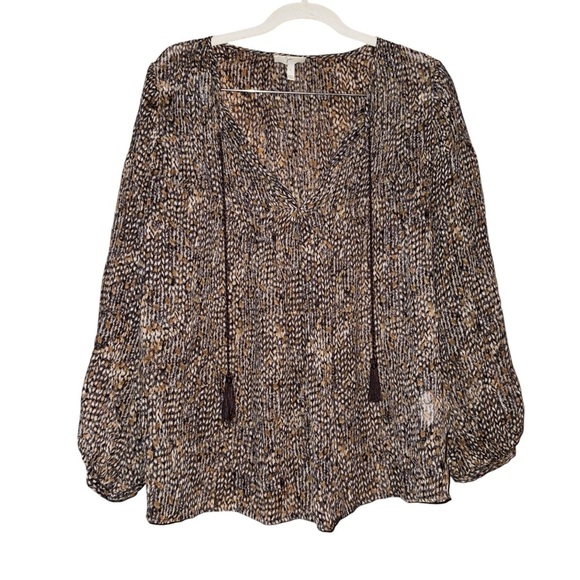JOIE Brown Gold Dot Tassel Tribal Flowy Light Top Shirt 100% Silk Size Small - Picture 2 of 15